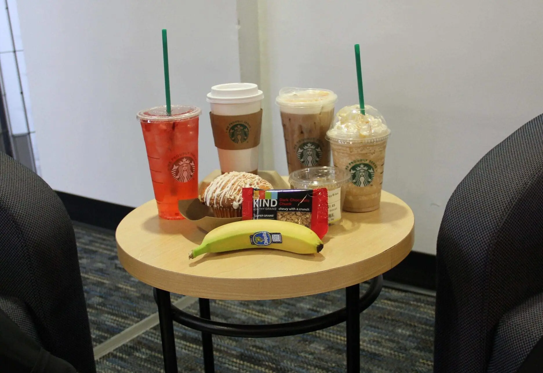 Table of miscellaneous coffee, drinks and snack
